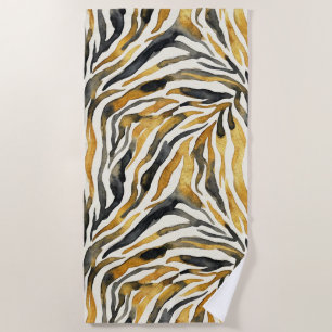 Gold Black Zebra Print Pattern Beach Towel