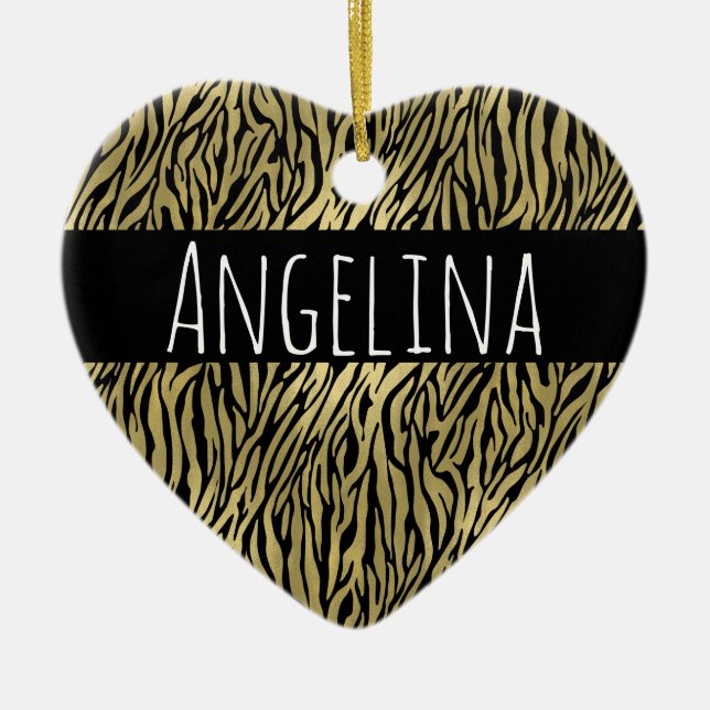 Gold Black Zebra Print Personalised Name Ceramic Ornament (Front)