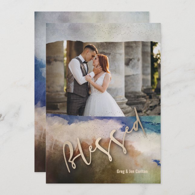 Gold Blessed Watercolor Christmas Photo Holiday Card (Front/Back)