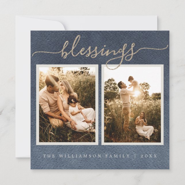 Gold Blessings Dark Blue Christmas Photo Holiday (Front)