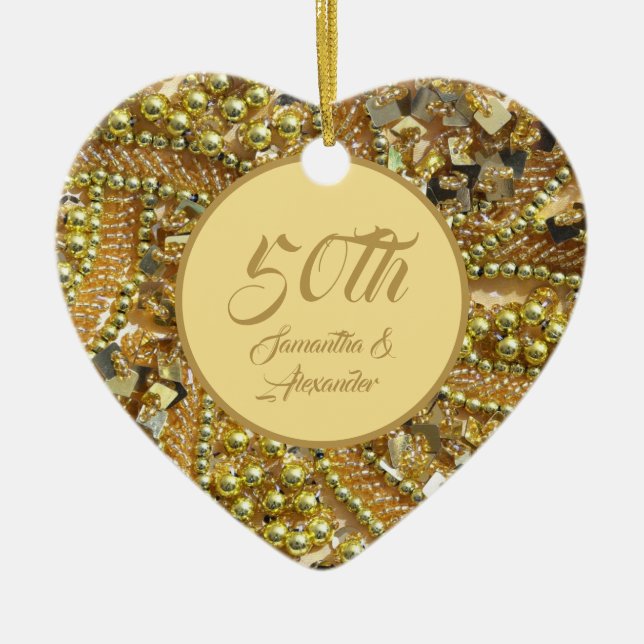 Gold bling 50th Golden Anniversary Ceramic Ornament (Front)
