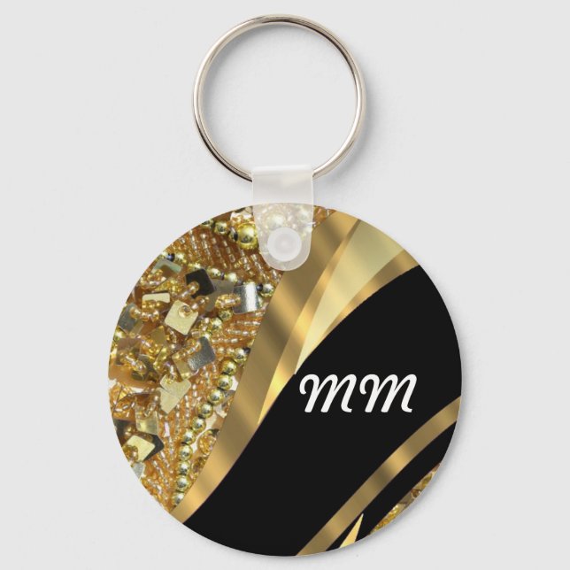 Gold bling & black swirl pattern key ring (Front)