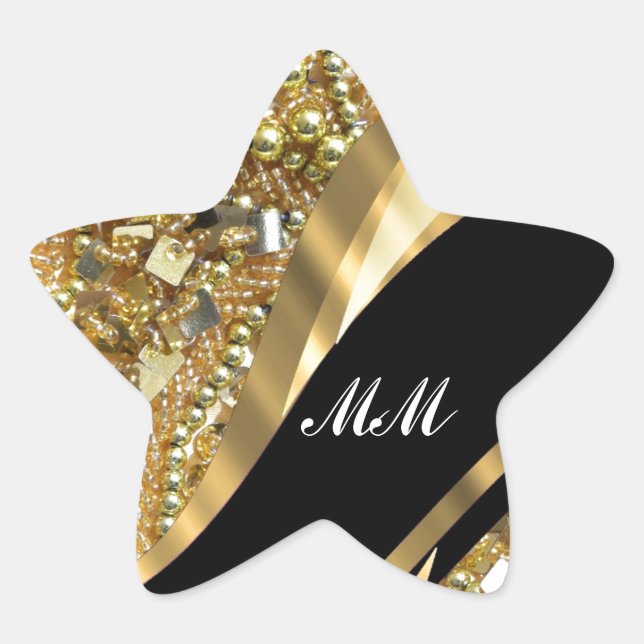 Gold bling & black swirl pattern star sticker (Front)