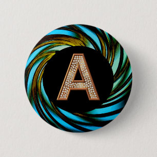 Gold Bling Letter A Teal Swirl 6 Cm Round Badge