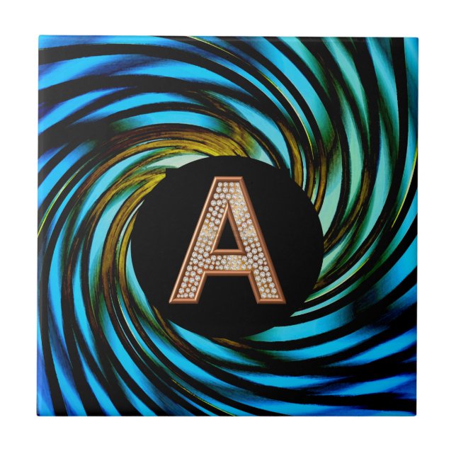 Gold Bling Letter A Teal Swirl Ceramic Tile (Front)