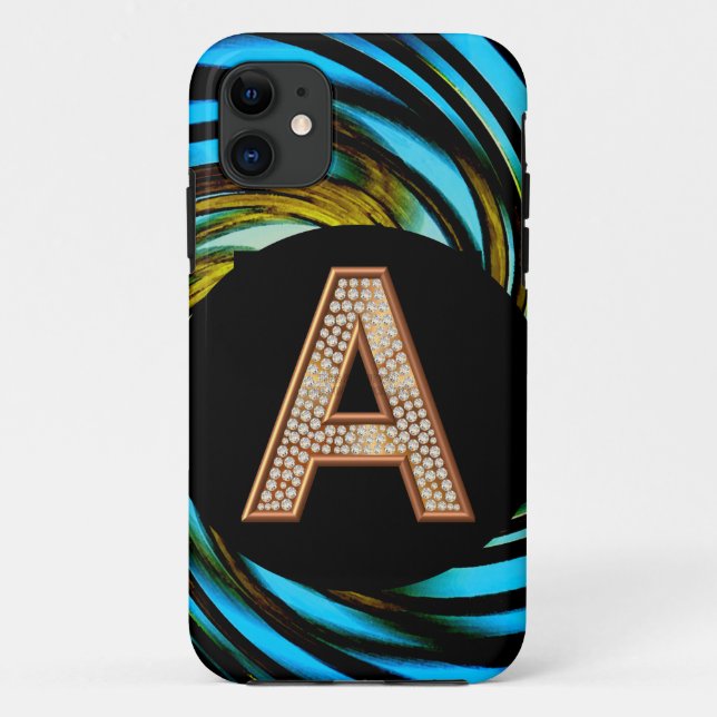 Gold Bling Letter A Teal Swirl  Monogram A Case-Mate iPhone Case (Back)