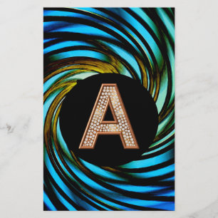 Gold Bling Letter A Teal Swirl Stationery