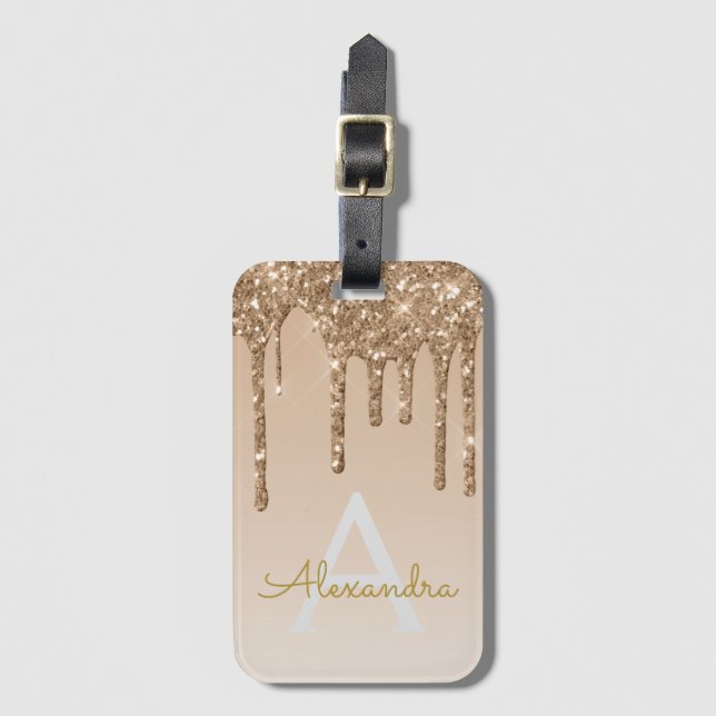 Gold Bling Sparkle Glitter Monogram Name Luggage Tag (Front Vertical)