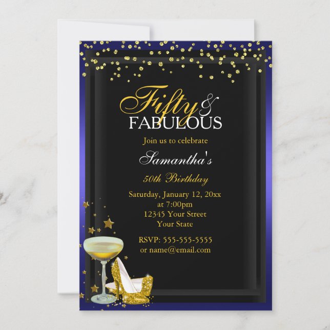 Gold & Blue 50 & Fabulous Birthday Invitation (Front)