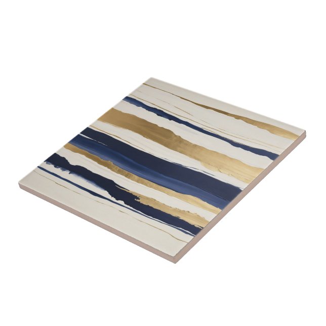 gold blue and beige abstract stripes ceramic tile (Side)