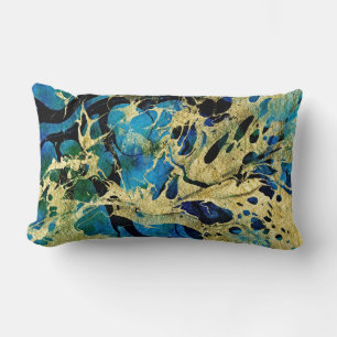 Gold, Blue, and Black Art - Abstract Golden Sea  Lumbar Cushion