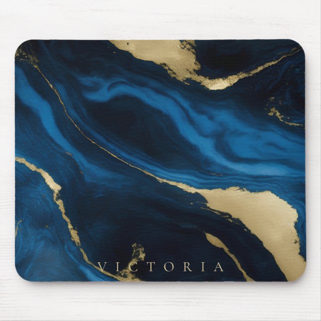 Gold, Blue and Black Marble Texture Personalised Mouse Pad (Front)