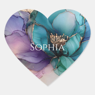Gold Blue Aqua Purple Flower Bridal Shower Heart Sticker