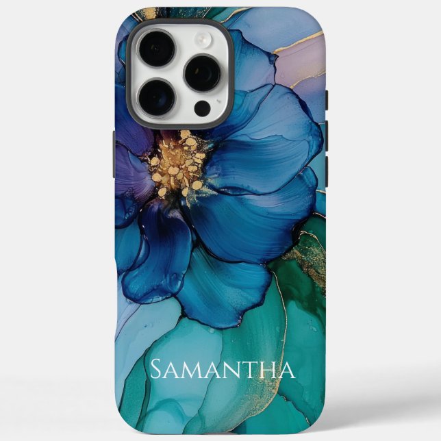 Gold Blue Aqua Teal Flower Case-Mate iPhone Case (Back)