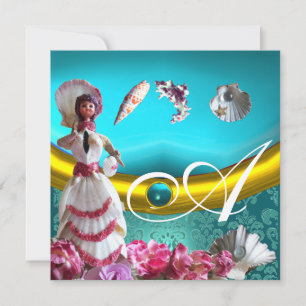 GOLD BLUE AQUAMARINE DAMASK BEACH WEDDING MONOGRAM INVITATION