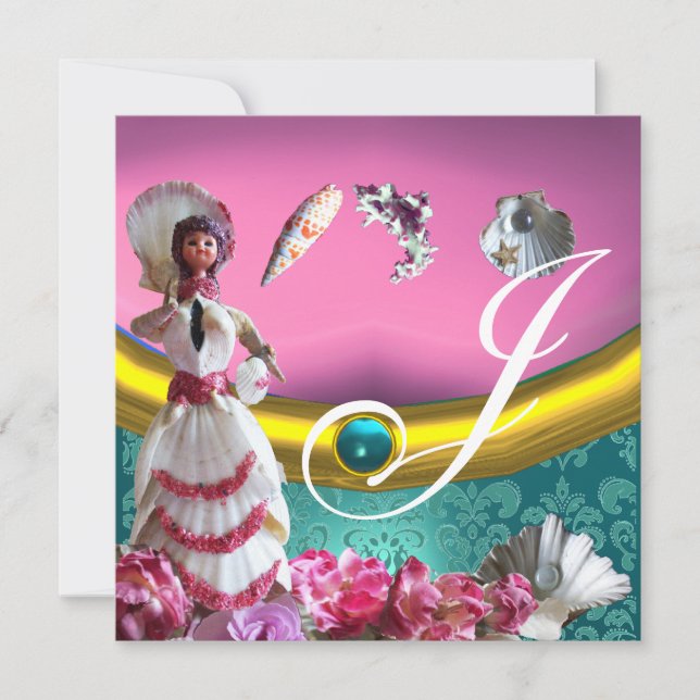 GOLD BLUE AQUAMARINE DAMASK BEACH WEDDING MONOGRAM INVITATION (Front)