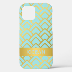 Gold Blue Art Deco Geometric Personalised Name iPhone 12 Case