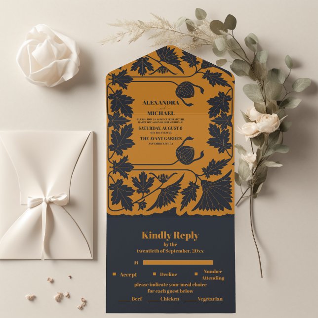 Gold Blue  Art Nouveau Wedding All In One Invitation (Creator Uploaded)