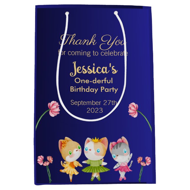 Gold Blue Ballerina Cat Kids Birthday Party Medium Gift Bag (Front)