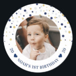 Gold & Blue Balloons | 1st Birthday Party Photo Classic Round Sticker<br><div class="desc">This cute boy's birthday sticker features cute confetti with a photo template. A perfect addition to party favours for gold & blue theme birthday. Matching invitations and party supplies are available at my shop BaraBomDesign.</div>