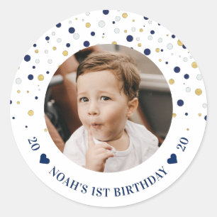 Gold & Blue Balloons   1st Birthday Party Photo Classic Round Sticker