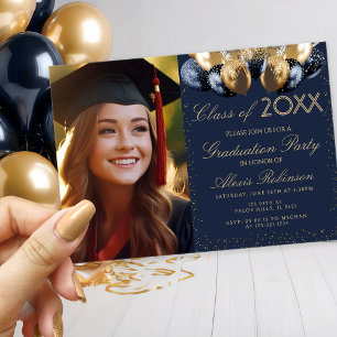 Gold blue balloons collage graduation party photo invitation
