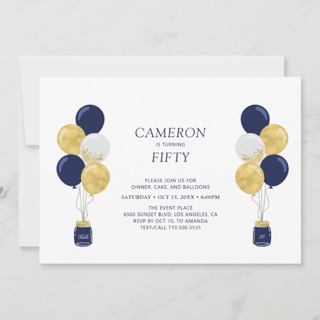 Gold & Blue Balloons Modern Adult Birthday Party Invitation (Front)
