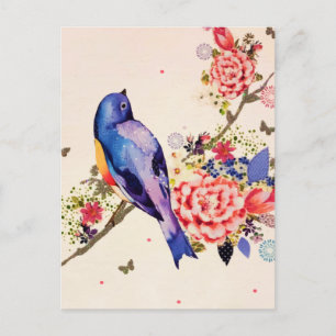 Gold Blue Bird Red Floral Butterfly Glitter Announcement Postcard