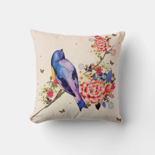 Gold Blue Bird Red Floral Butterfly Glitter Cushion