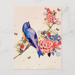 Gold Blue Bird Red Floral Butterfly Glitter Postcard
