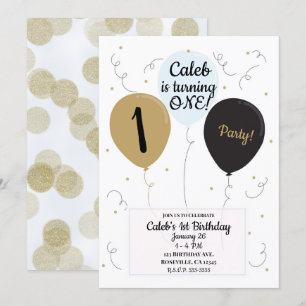 Gold Blue & Black Balloons Boys 1st Birthday Party Invitation