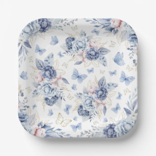 Gold & Blue Butterflies Boy Baby Shower Paper Plate