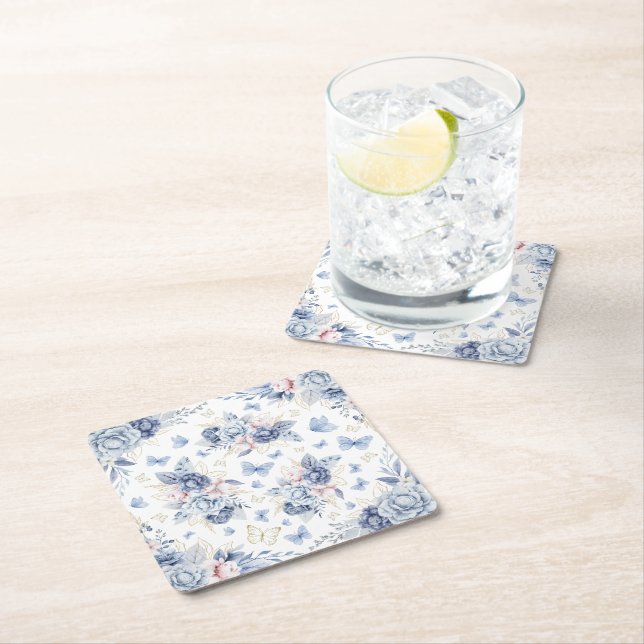 Gold & Blue Butterflies Boy Baby Shower Square Paper Coaster (Insitu)