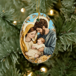 Gold Blue Christian Holy Family Christmas Ceramic Ornament