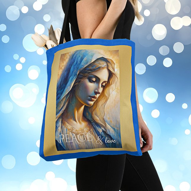Gold Blue Christian Virgin Mary Tote Bag (Christian tote bag featuring a portrait of the Virgin Mary on sparkling gold with royal blue)