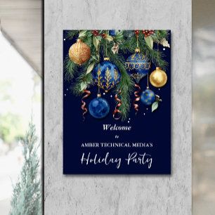 Gold & Blue Christmas Tree Ornaments Holiday Party Poster