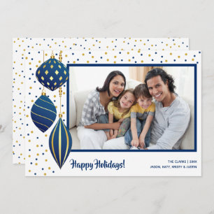 Gold Blue Christmas Tree Ornaments Photo Holiday Card