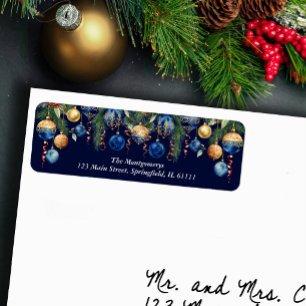 Gold Blue Christmas Tree Ornaments Return Address Label