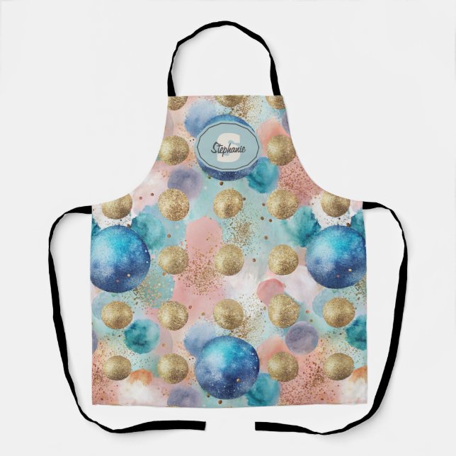 Gold & Blue Circle Pattern with Glitter Accents Apron (Front)