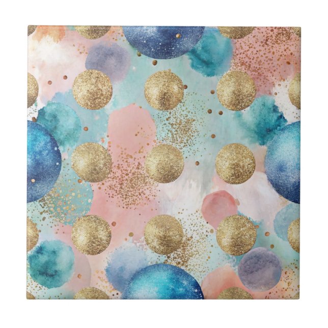 Gold & Blue Circle Pattern with Glitter Accents Ceramic Tile (Front)