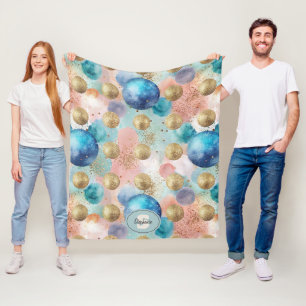 Gold & Blue Circle Pattern with Glitter Accents Fleece Blanket