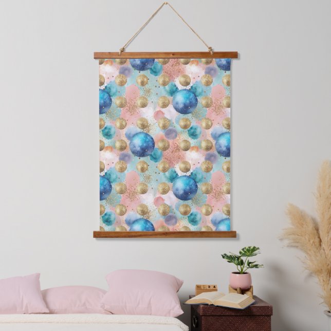 Gold & Blue Circle Pattern with Glitter Accents Hanging Tapestry (Bedroom)