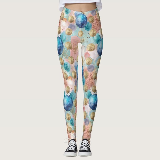 Gold & Blue Circle Pattern with Glitter Accents Leggings (Front)