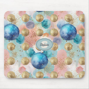 Gold & Blue Circle Pattern with Glitter Accents Mouse Pad