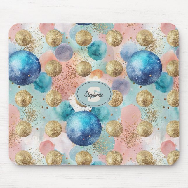 Gold & Blue Circle Pattern with Glitter Accents Mouse Pad (Front)