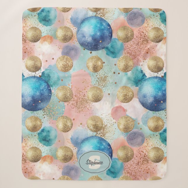 Gold & Blue Circle Pattern with Glitter Accents Sherpa Blanket (Front)