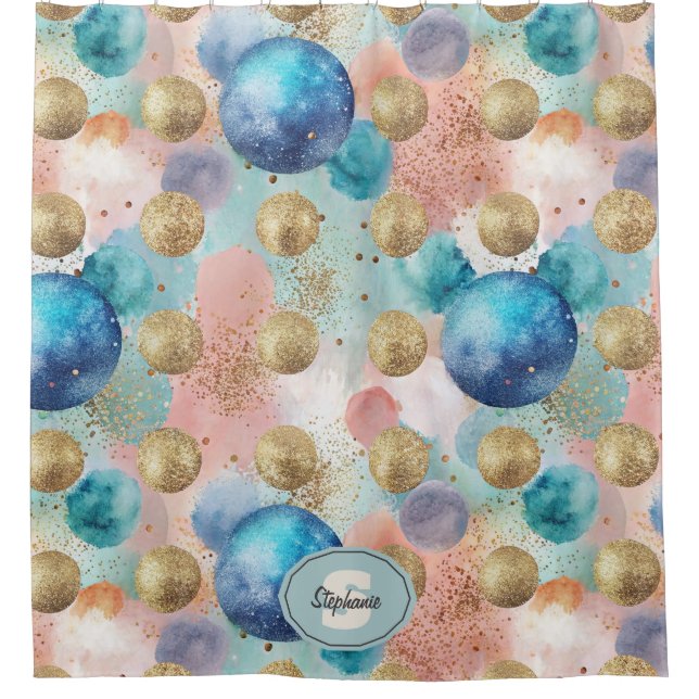 Gold & Blue Circle Pattern with Glitter Accents Shower Curtain (Front)