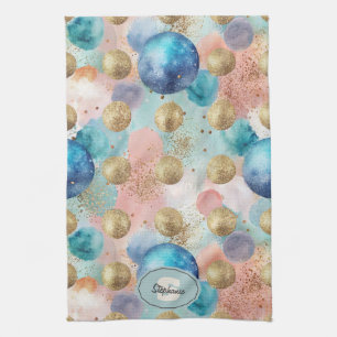 Gold & Blue Circle Pattern with Glitter Accents Tea Towel