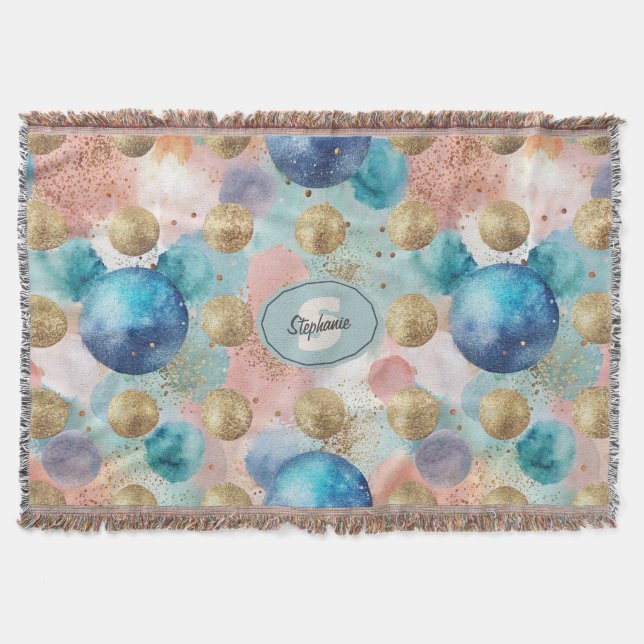 Gold & Blue Circle Pattern with Glitter Accents Throw Blanket (Front)