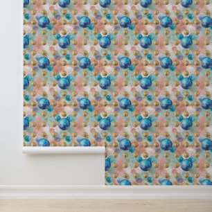 Gold & Blue Circle Pattern with Glitter Accents Wallpaper